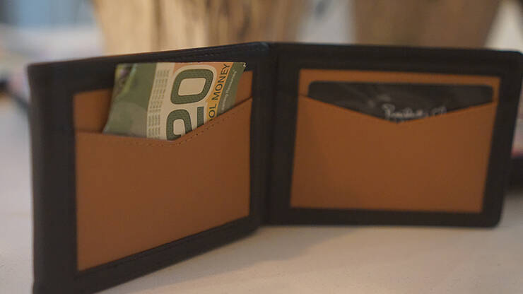Chameleon Skin Wallet by Jim Steinmeyer and Vortex Magic shown open with money inside