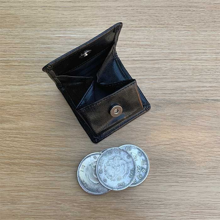 Coin Wallet by Pro Show Magic shown empty with coins next to it