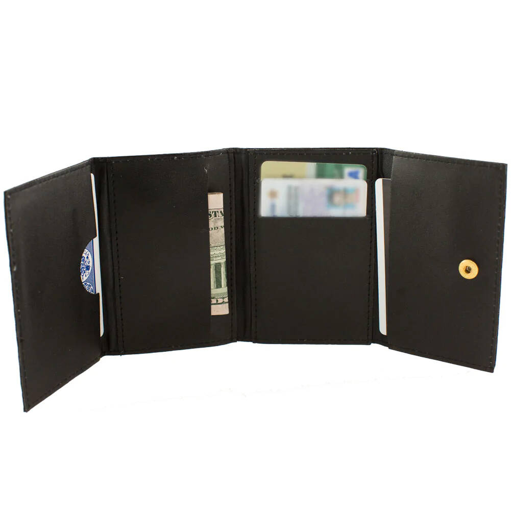 Magic Wallet Deluxe by Magic Makers shown fully open standing up with money and cards inside