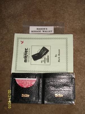 Mirage Wallet by Mark Mason open with red bicycle card inside and instructions
