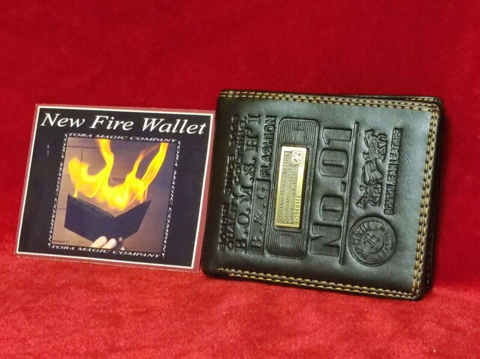 New Fire Wallet by Tora Magic on red background shown closed next to photograph of wallet in action