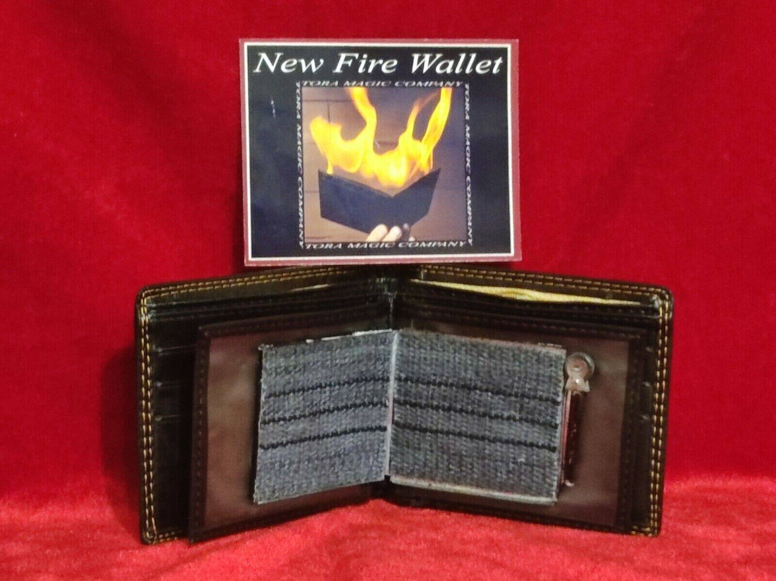 New Fire Wallet by Tora Magic on red background shown closed next to photograph of wallet in action showing gimmick