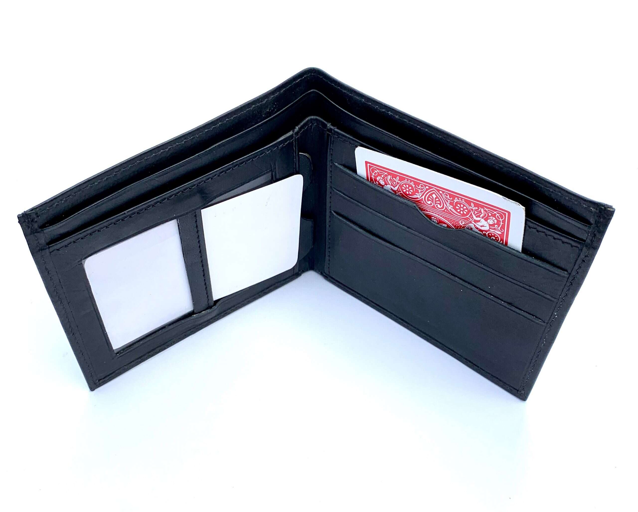 Pro Show Wallet by Premium Magic with business cards and red playing card inside