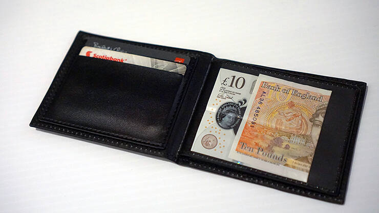 Weiser Wallet By Danny Weiser shown open with money and cards inside on a white background