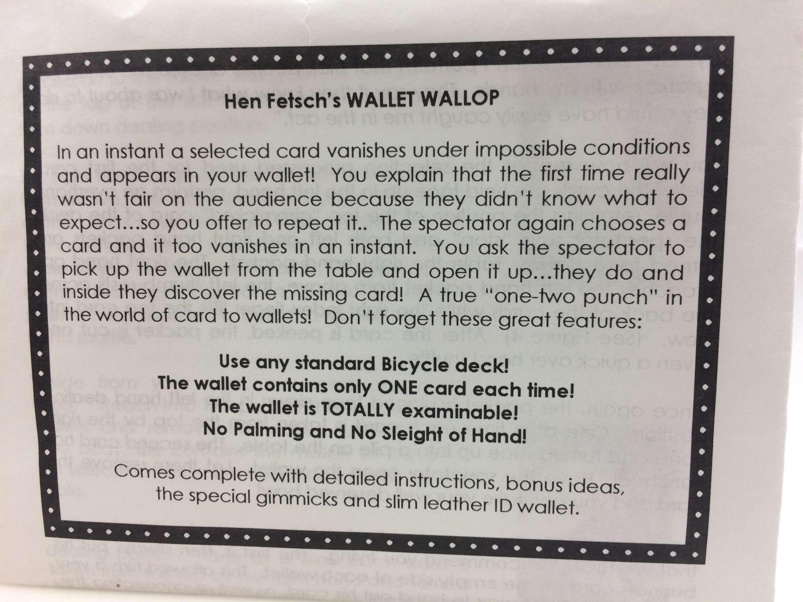 Wallet Wallop Trick by Hen Fetsch back of product packaging