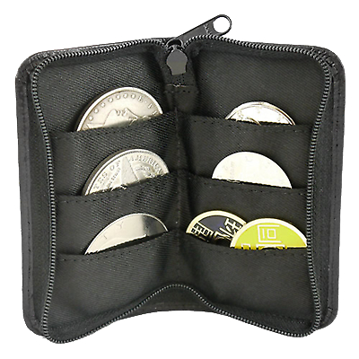 Zip Coin Purse by Jerry O'Connell and PropDog standing up and open with coins in compartments