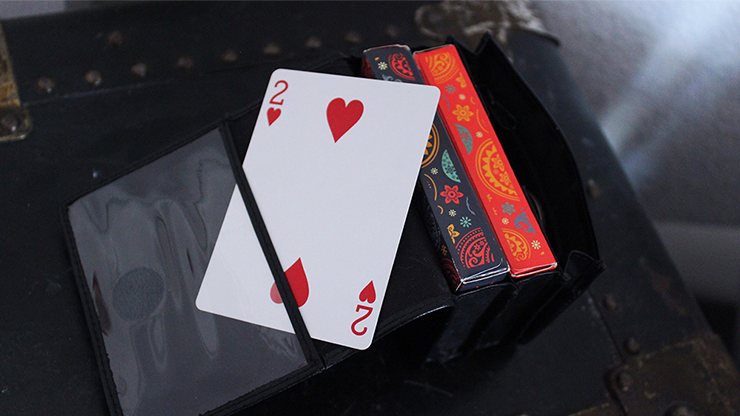 Pro Carrier Deluxe by Joshua Jay shown open with the 2 of hearts partially inserted and 2 decks of cards inside