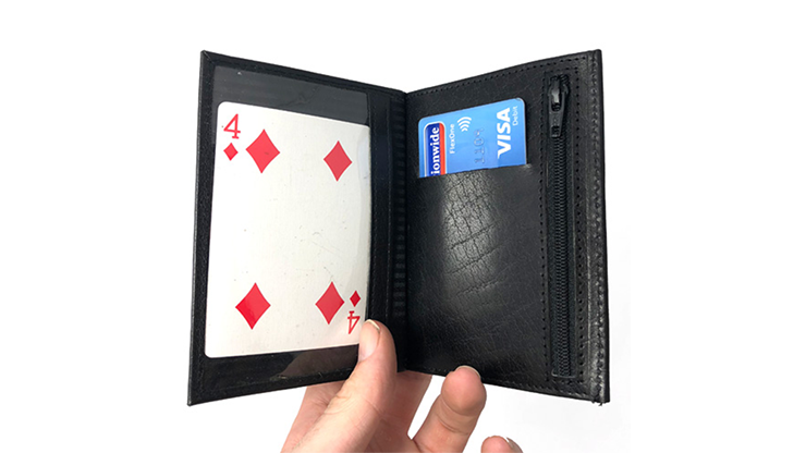The Z-Fold Wallet by Jerry O’Connel & Propdog held open with 4 of diamonds and visa card inside